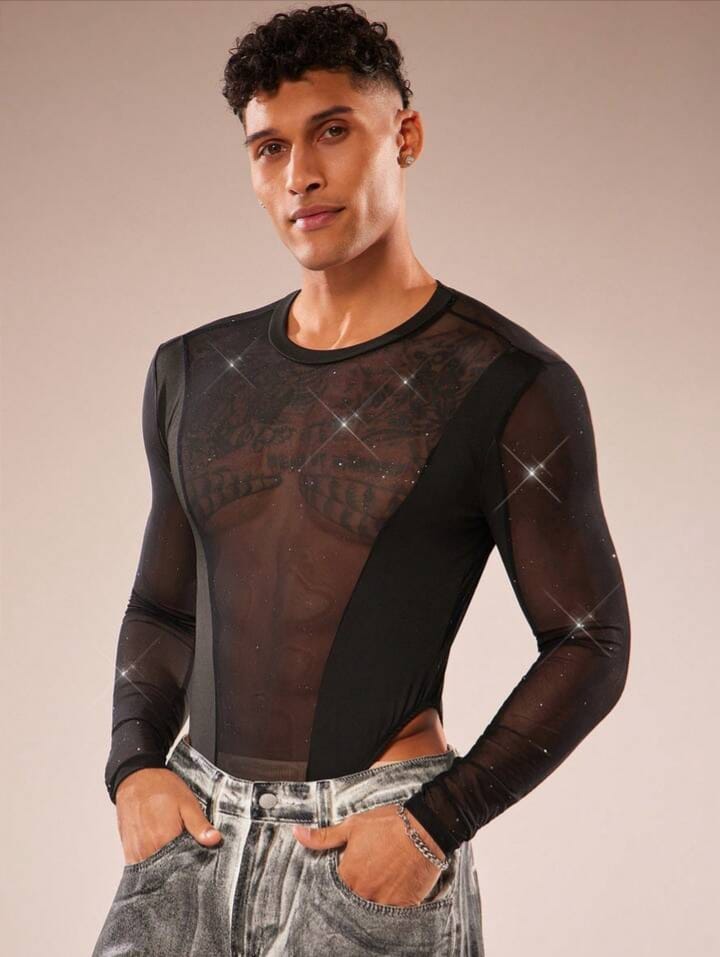 Men's Round Neck Long Sleeve Mesh Patchwork Sheer Bodysuit